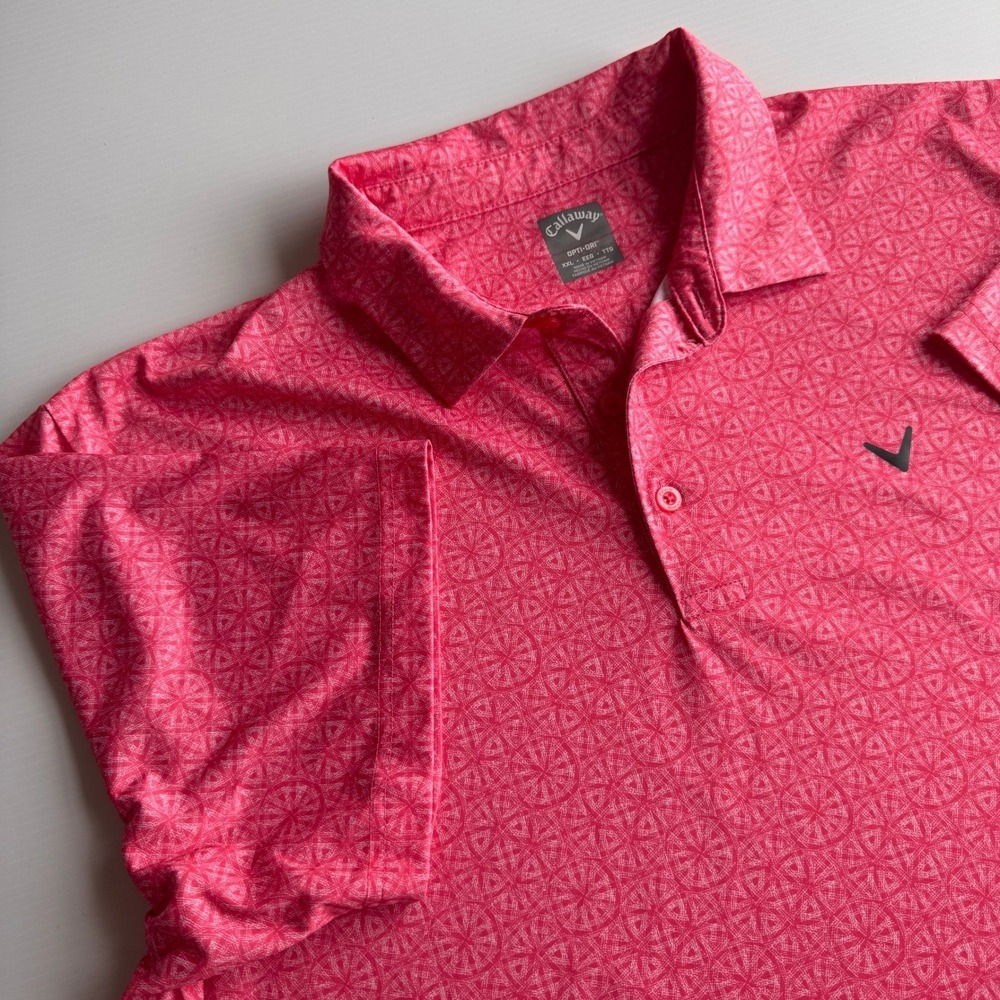 Callaway Mens XXL Opti-Dri Polo Shirt Pink Geometric Pattern Short Sleeve Golf - Picture 2 of 7